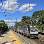 A NJT Multilevel Set, with an ALP-46 leading, protects westbound Trenton Super Express Train # 3947